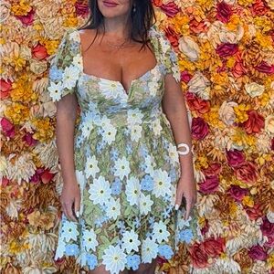 Handmade Mini Dress with Blue green  and White Flowers